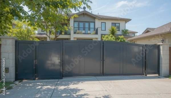 Obraz For protection and style, a modern suburban home's entry has a classic gray sliding steel gate.