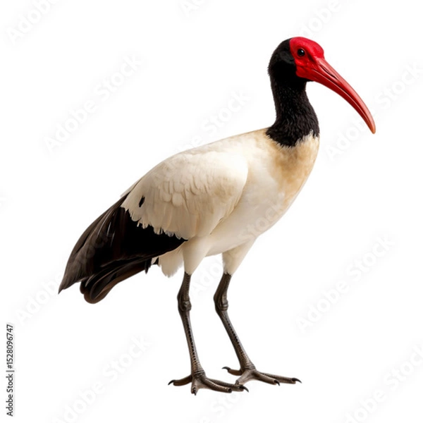 Fototapeta Elegant bird with striking red beak and black head stands gracefully on isolated white background