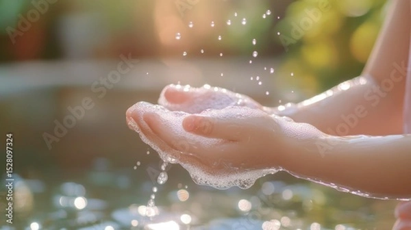 Fototapeta little kid hands wash with soap bubbles and rinse with clean water to prevent and stop the spread of germs after back to home, virus or covid19. Good health and good personal hygiene, virus, bacteria