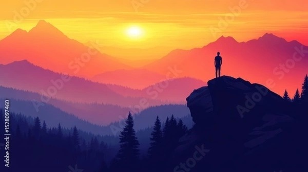 Fototapeta Silhouette of business male stand and feel happy on the most hight at the mountain on sunset, success, leader, teamwork, target, Aim, confident, achievement, goal, on plan, finish,