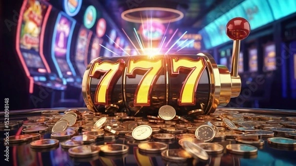 Obraz Jackpot slot machine casino game luck gambling winning coins gold sevens vegas entertainment risk chance 3d render