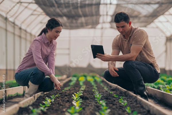 Obraz Teachers and students test and research soil for agriculture, farming, and cultivation in greenhouses.