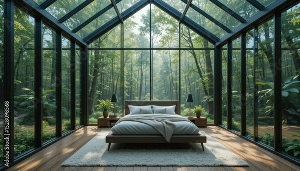 Obraz Interior picture of a bedroom in a forest with huge glass windows