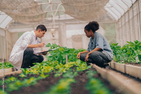 Obraz Young women and  man learning about farming, farming, and cultivation in a greenhouse.