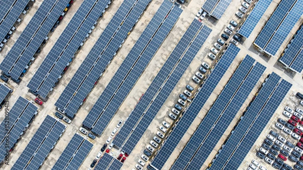 Fototapeta Aerial top view of car park with solar panel photovoltaic, Solar panel photovoltaic installation on roof of car parking lot, Alternative electricity source sustainable resources.