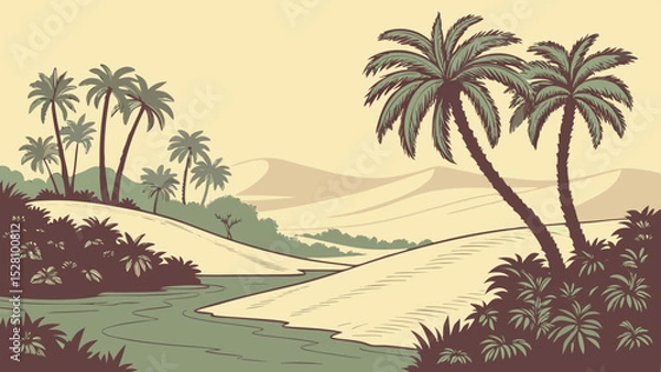 Fototapeta Desert oasis illusion: Pixel-art jungle floating above sand dunes. 16-bit style palm trees (limited 8 colors). Holographic glitch effects. Flat beige desert foreground. Digital mirage concept