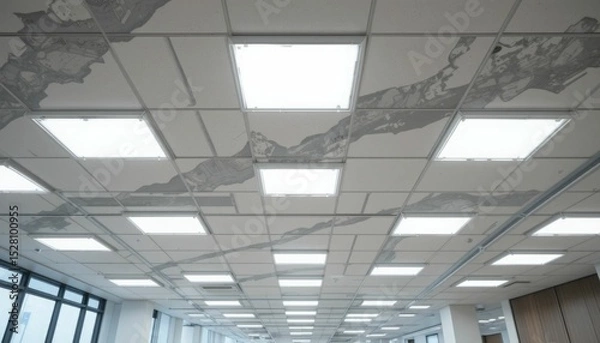 Obraz In an office setting with high ceilings and suspended white square tiles, white square LED downlights are fitted to highlight the contemporary lighting and design. AI that is generative. 