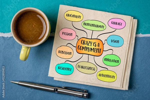 Obraz Crazy is compliment. Many innovators, explorers, athletes, artists, and dreamers were first dismissed as unrealistic, strange, or even foolish. Infographics mind map sketch.