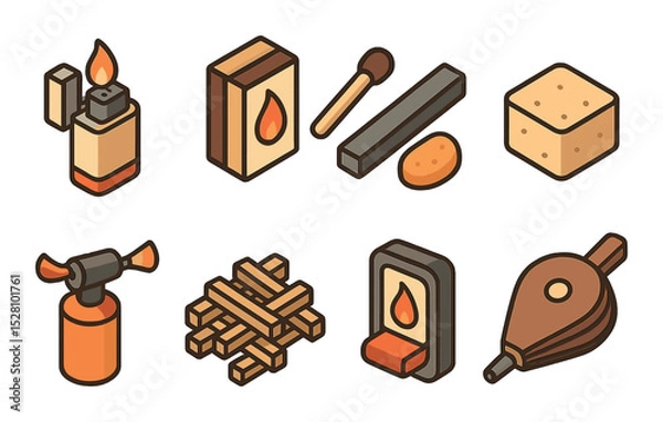 Fototapeta Fire Tools Concept isometric set. Lighter, matchbox, flint and steel, firestarter cube, blowtorch, kindling stack, ignition switch, fire bellows