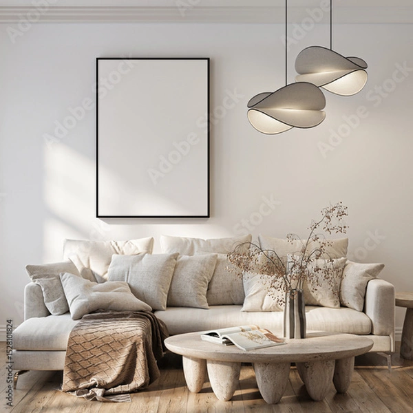 Fototapeta Frame mockup, ISO A paper size. Living room wall poster mockup. Interior mockup with house background. Modern interior design. 3D render
