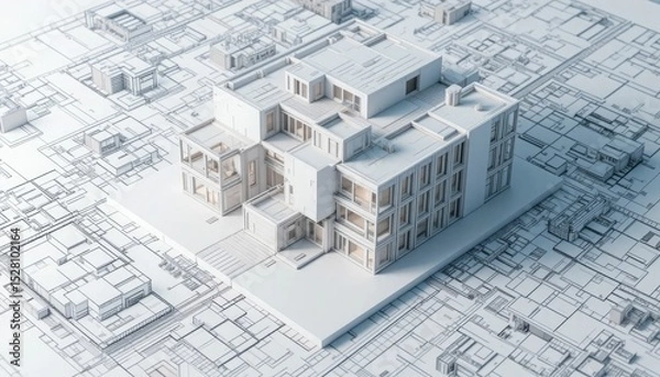 Obraz A 3D building model superimposed on blueprints demonstrating BIM technology is an example of modern architectural design.