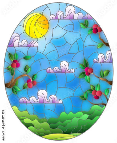 Obraz Illustration in stained glass style with a summer landscape , Apple tree branches, Sunny sky and clouds, oval image