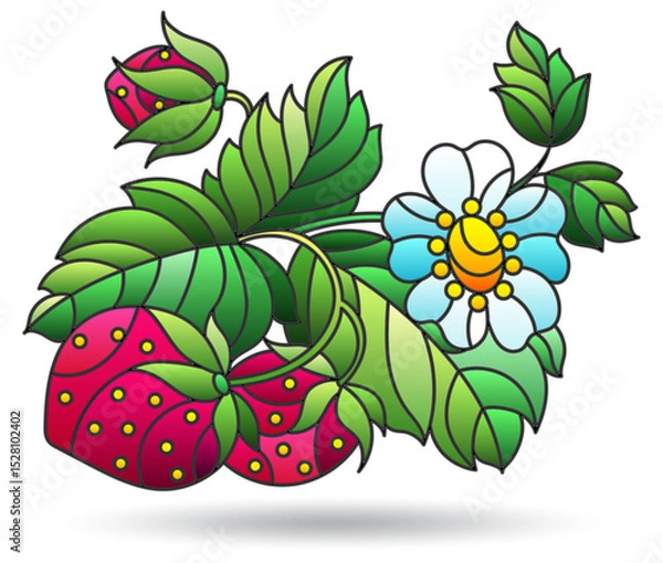 Obraz Stained glass illustration with compositions of berries and strawberry leaves, isolated on a white background