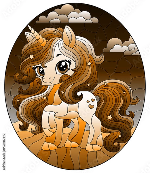 Obraz A stained glass illustration with a cute cartoon unicorn on a cloudy sky background, tone brown