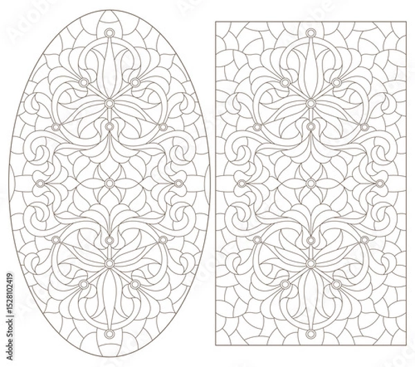 Obraz Set contour illustrations of stained glass with abstract swirls and flowers , horizontal orientation
