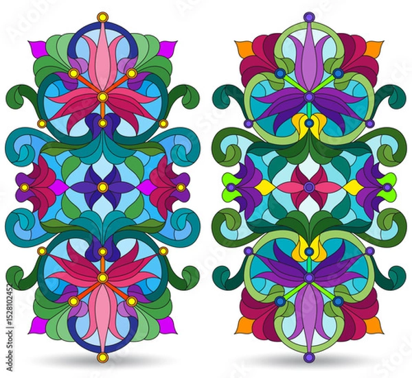 Obraz A set of illustrations in a stained glass style with abstract botanical elements, isolated on a white background