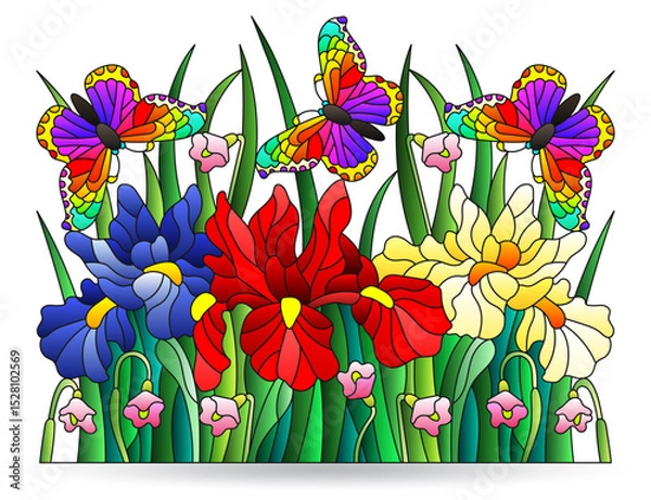 Obraz Stained glass illustrations with iris flowers and butterflies, compositions isolated on a white background