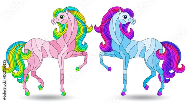 Obraz A set of stained glass illustrations with cute horses, isolated animals on a white background