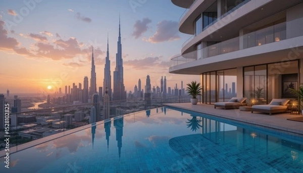 Obraz Dubai's modern, luxurious architecture, a chic penthouse apartment with a big balcony and a swimming pool, a sunset view of the city skyline with skyscrapers, and a backdrop of famous, iconic towers. 