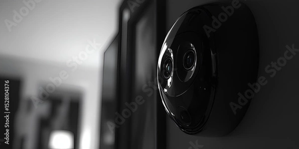 Fototapeta Black and White Security Camera on Wall, Surveillance Camera Monitoring Home Interior, Modern CCTV Camera Watching Over Room

