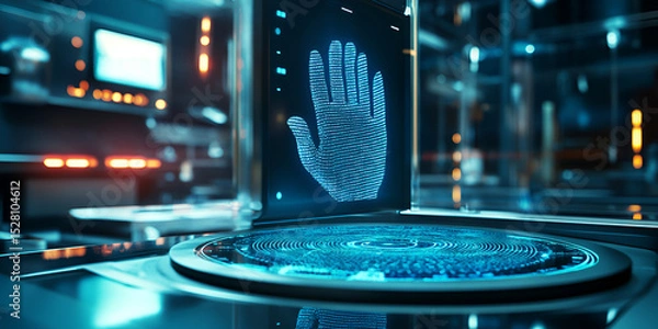 Fototapeta Biometric Handprint Scan on Digital Device, Futuristic Handprint Authentication Technology, Digital Handprint Recognition System for Security

