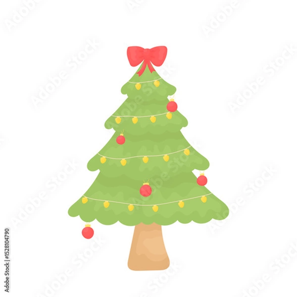 Obraz New Year tree with a bow on the top and red Christmas tree toys. Element of the New Year.