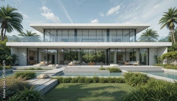 Obraz A modern, sleek home with lots of glass windows and a minimalistic style that includes a huge outside space with lush vegetation and contemporary landscaping