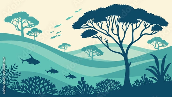 Fototapeta Submerged rainforest with marine life. Flat green tree silhouettes floating among teal waves. Coral-shaped bushes, fish as 'birds'. Gradient seafloor from sand to deep blue. Dreamlike aquatic fusion.