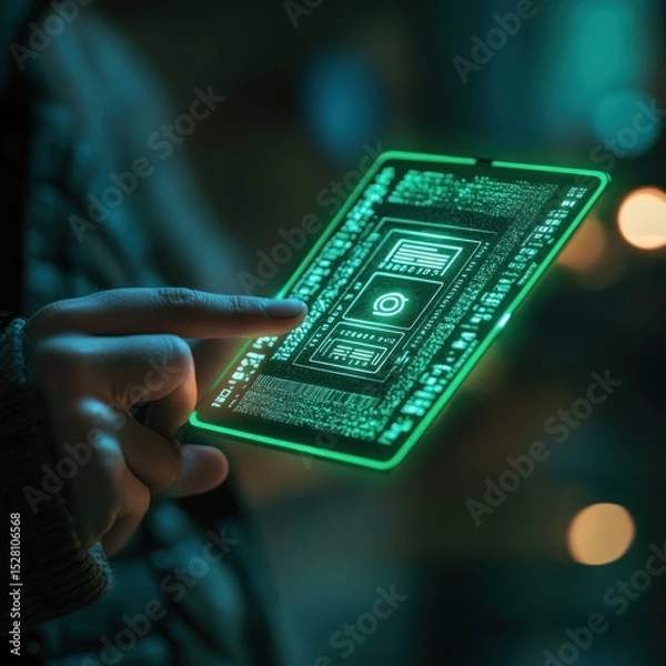 Obraz Futuristic Technology, Person Interacting with a Holographic Interface
