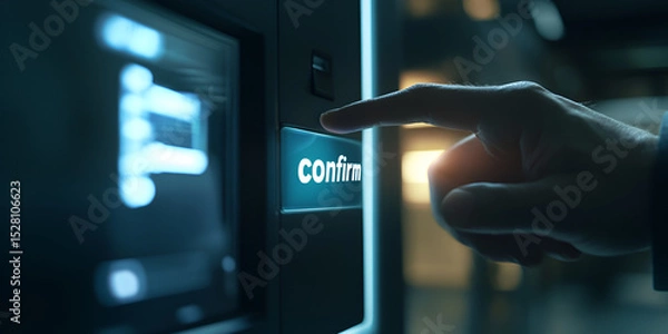 Fototapeta Close-Up of Finger Pressing Confirm Button, Digital Screen with Confirm Button, Person Confirming on Touchscreen Interface

