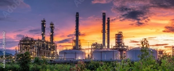 Fototapeta The industrial refinery illuminated by a vibrant sunset backdrop.