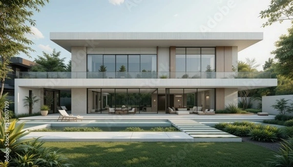 Obraz A modern, sleek home with lots of glass windows and a minimalistic style that includes a huge outside space with lush vegetation and contemporary landscaping
