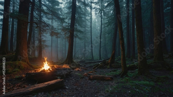 Fototapeta fire in the evening pine forest