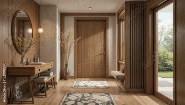Obraz Stylish modern wooden entryway hallway decor with a warm wooden tone, modern house with desk, stand, and shoe bench
