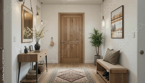 Obraz Stylish modern wooden entryway hallway decor with a warm wooden tone, modern house with desk, stand, and shoe bench