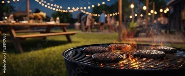 Fototapeta The grill sizzling with burgers in a cheerful summer night gathering.