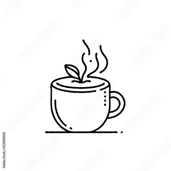 Fototapeta Simple line art of steaming cup with leaf on top  