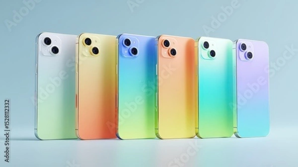 Fototapeta Five vibrant gradient smartphones arranged in a row showcasing pastel colors technology design