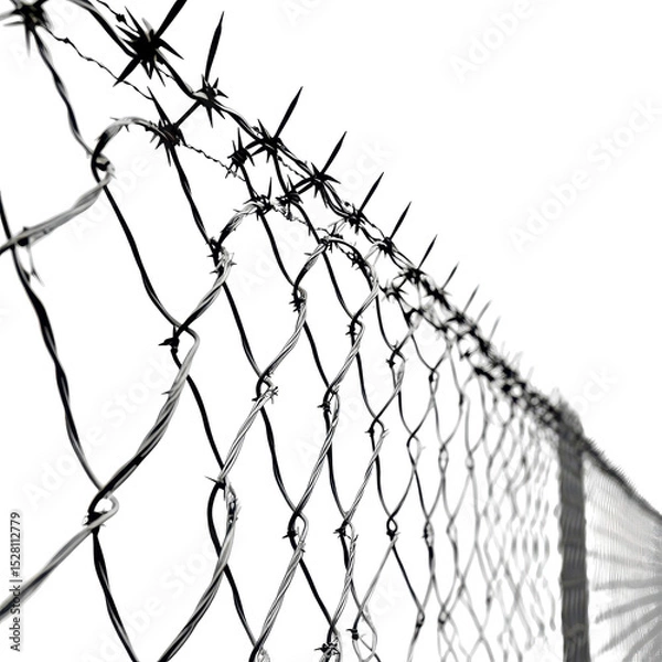 Fototapeta Metal fence with barbed wire sharply highlighted against white background in a stark contrast
