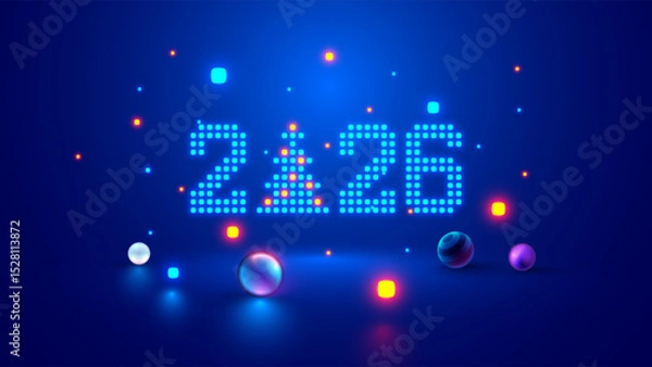 Fototapeta 2026 digits, Christmas tree consist glowing pixels in technology style on blue background. New Year card or digital tech calendar poster. Logo of 2026 year hanging over reflection polished surface.