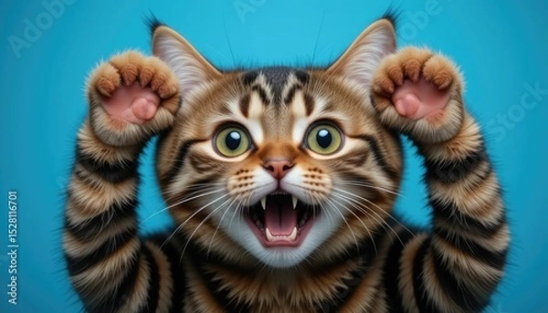 Obraz Cat face with paws on head, surprised and startled, on a blue backdrop with copy space. Generative AI