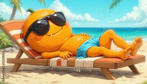 Obraz A cartoon orange resting on a beach lounger with sunglasses