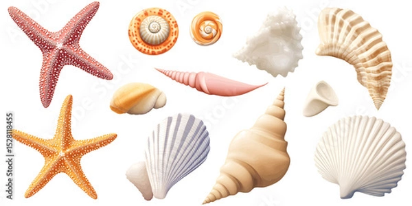 Fototapeta Collection of colorful starfish and seashells on black background Marine life concept with various shapes and sizes of sea shells and starfishes