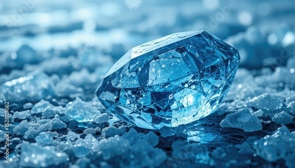 Obraz gemstone with an ice texture and a background of blue tones. chilly, icy, textured ice surface.