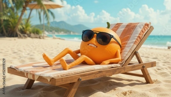 Obraz A cartoon orange resting on a beach lounger with sunglasses