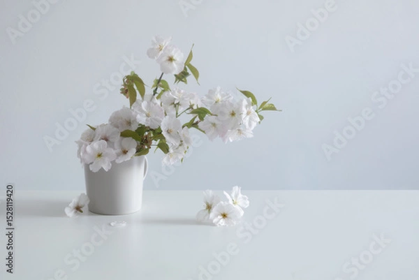 Fototapeta spring flowers in ceramic vase on white table