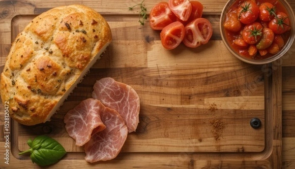 Obraz The top view of a wooden design board featured traditional Italian pinsa bread, prosciutto, and salsa di pomodoro with tomatoes and zucchini in tomato sauce.