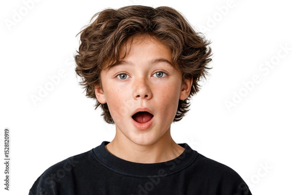 Fototapeta Surprised young boy with open mouth isolated on transparent png. Child expressing shock or amazement