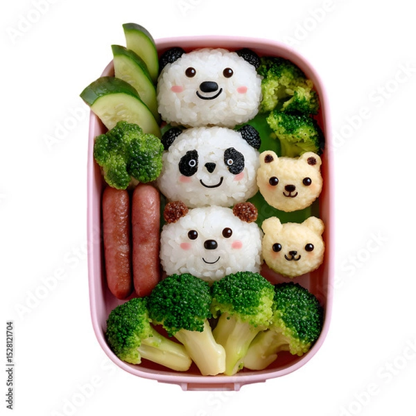 Fototapeta Cute bento box featuring panda-shaped rice balls, broccoli, and sausages arranged creatively