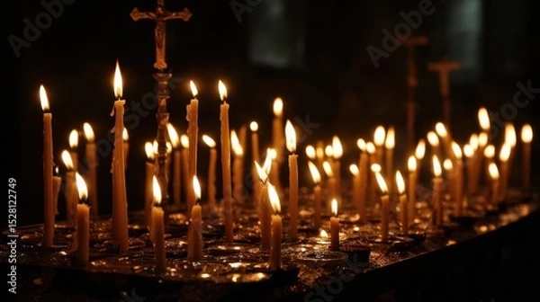 Fototapeta The flickering flames of the candles create a mesmerizing effect, drawing the viewers attention towards the cross.